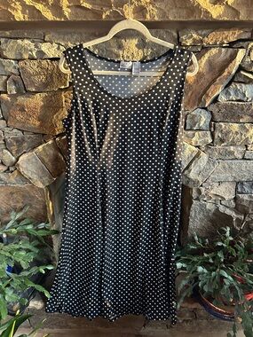 Kim Rogers Sleeveless Black Midi Dress with White Polka Dots: Scoop Neckline